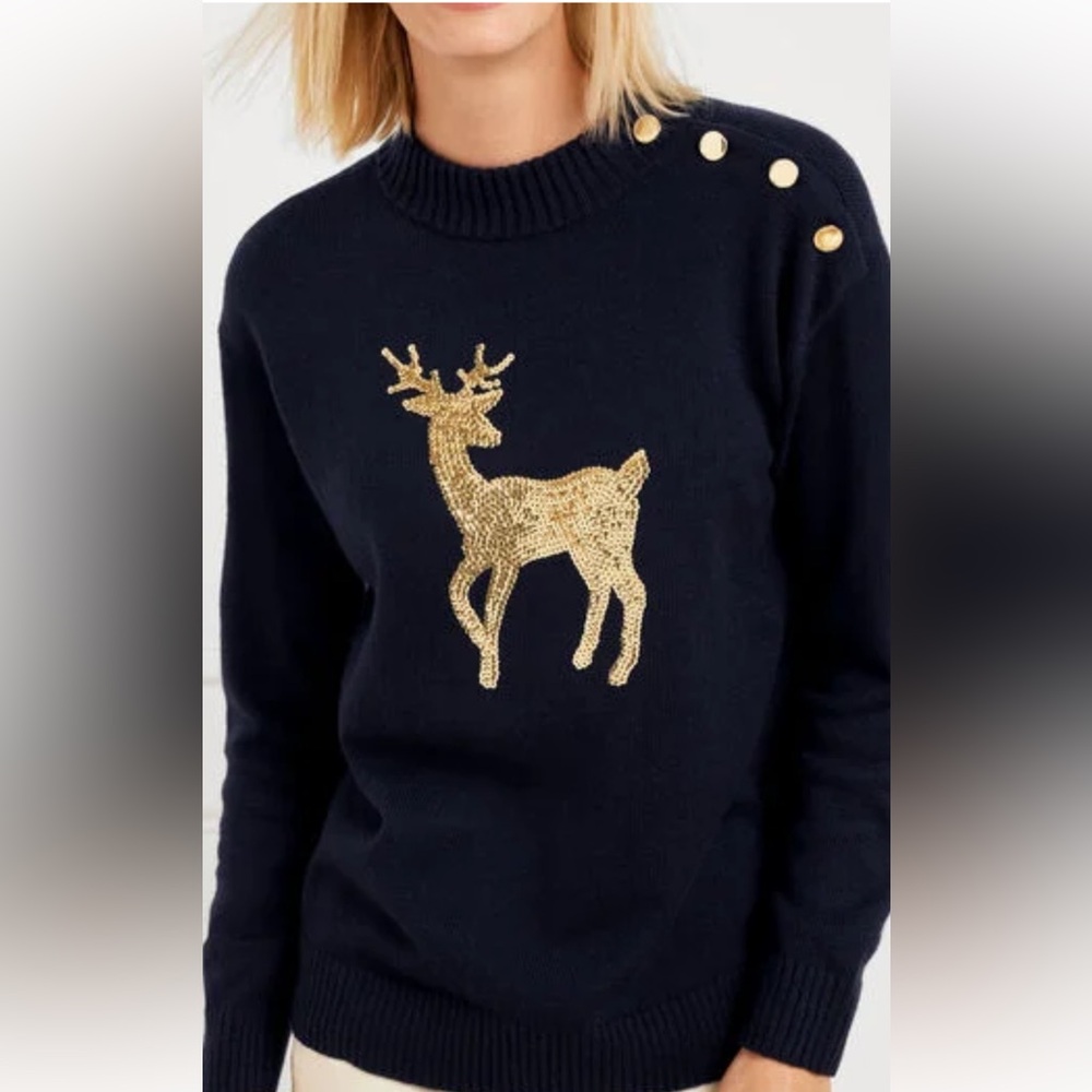 Talbots Navy Sweater with Gold Reindeer Design